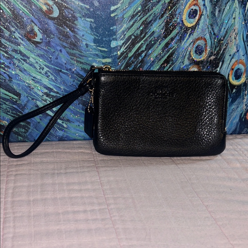 Coach Black Pebbled Leather Double Zipper Wristlet